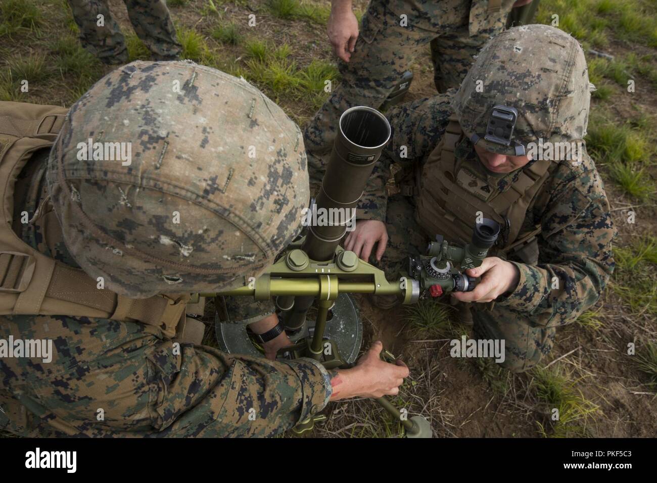 Mortarmen with Lima Company, 3rd Battalion, 25th Marine Regiment, adjust a M224 60mm Mortar during Exercise Northern Strike at Camp Grayling, Mich., Aug. 7, 2018. Northern Strike’s mission is to exercise participating units’ full-spectrum of capabilities through realistic, cost-effective joint fires training in an adaptable environment, with an emphasis on joint and coalition force cooperation. Stock Photo
