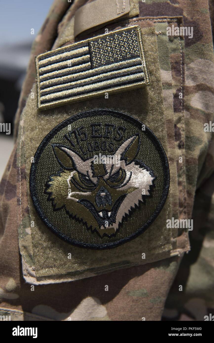 An airman from the 175th Expeditionary Fighter Squadron, South Dakota Air National Guard, wears the unit patch on his uniform while deployed to Bagram Airfield, Afghanistan, August 5, 2018. The 175th EFS are deployed from the 114th Fighter Wing, Joe Foss Field, Sioux Falls, in support of combat operations in Afghanistan. Stock Photo