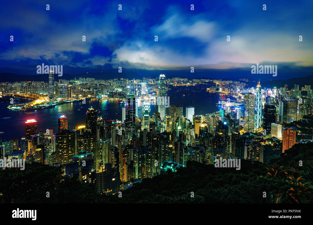 Hong Kong city buildings at night Stock Photo