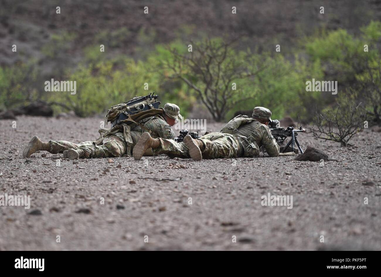 10th Mountain Division soldiers provide security during a Situational Training Exercise on July 31, 2018, at a range in Arta, Djibouti. 10th Mountain Division soldiers use STX as a way to practice moving and maneuvering, and calling in medical evacuations and artillery fire. By staying proficient in these skills, they are better prepared to deploy forces to protect American interests on the continent of Africa as part of the East Africa Response Force. Stock Photo