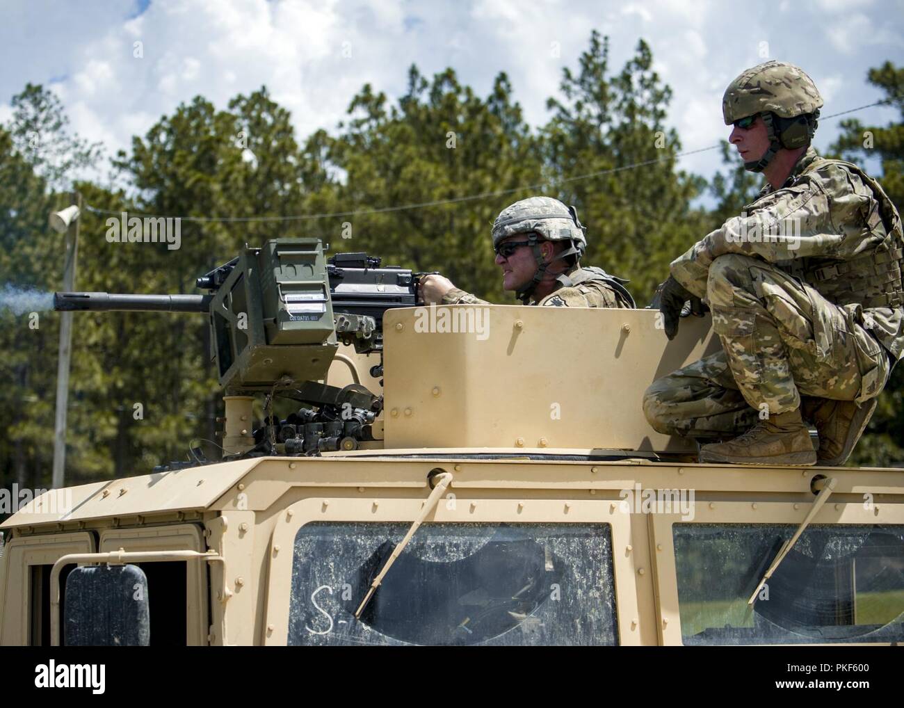 U.S. Army Soldiers attending the 31B (Military Police) re-classification course fire the MK19 automatic grenade launcher at McCrady Training Center, Eastover, South Carolina, August 5, 2018.  The course, hosted by the 4th Battalion, 218th Regiment (Leadership), South Carolina National Guard, teaches students the skills required to become a Military Police Soldier. Stock Photo