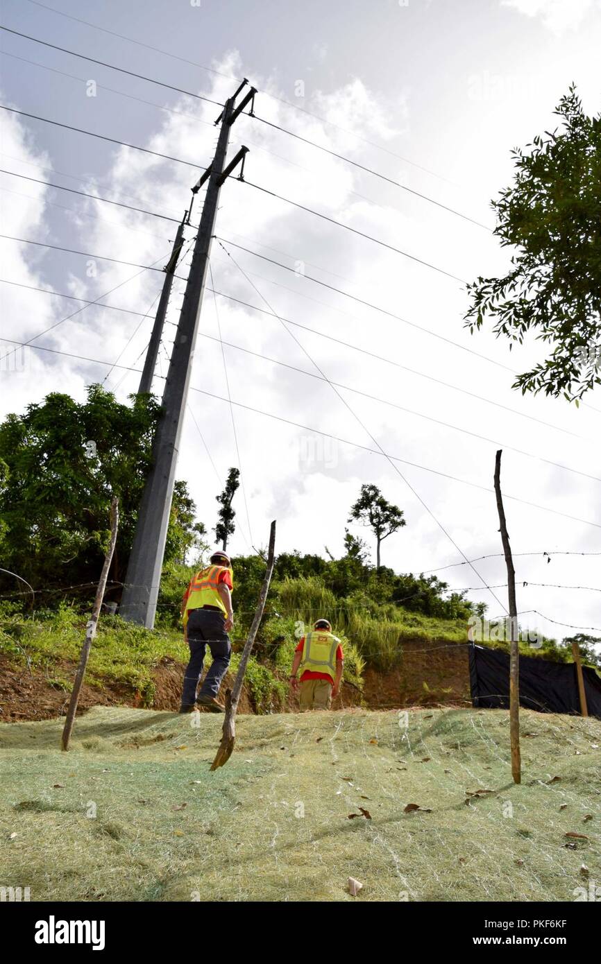 Across the island of Puerto Rico, the U.S. Army Corps of Engineers is conducting environmental stabilization at sites that were impacted by power restoration activities in response to Hurricane Maria, August 8, 2018.     At site DI-060 Las Piedras, Puerto Rico, Dean Austin, USACE Nashville District and Scott Guinn, USACE Savannah District conduct quality assessments to ensure proper remediation of the site. Stock Photo