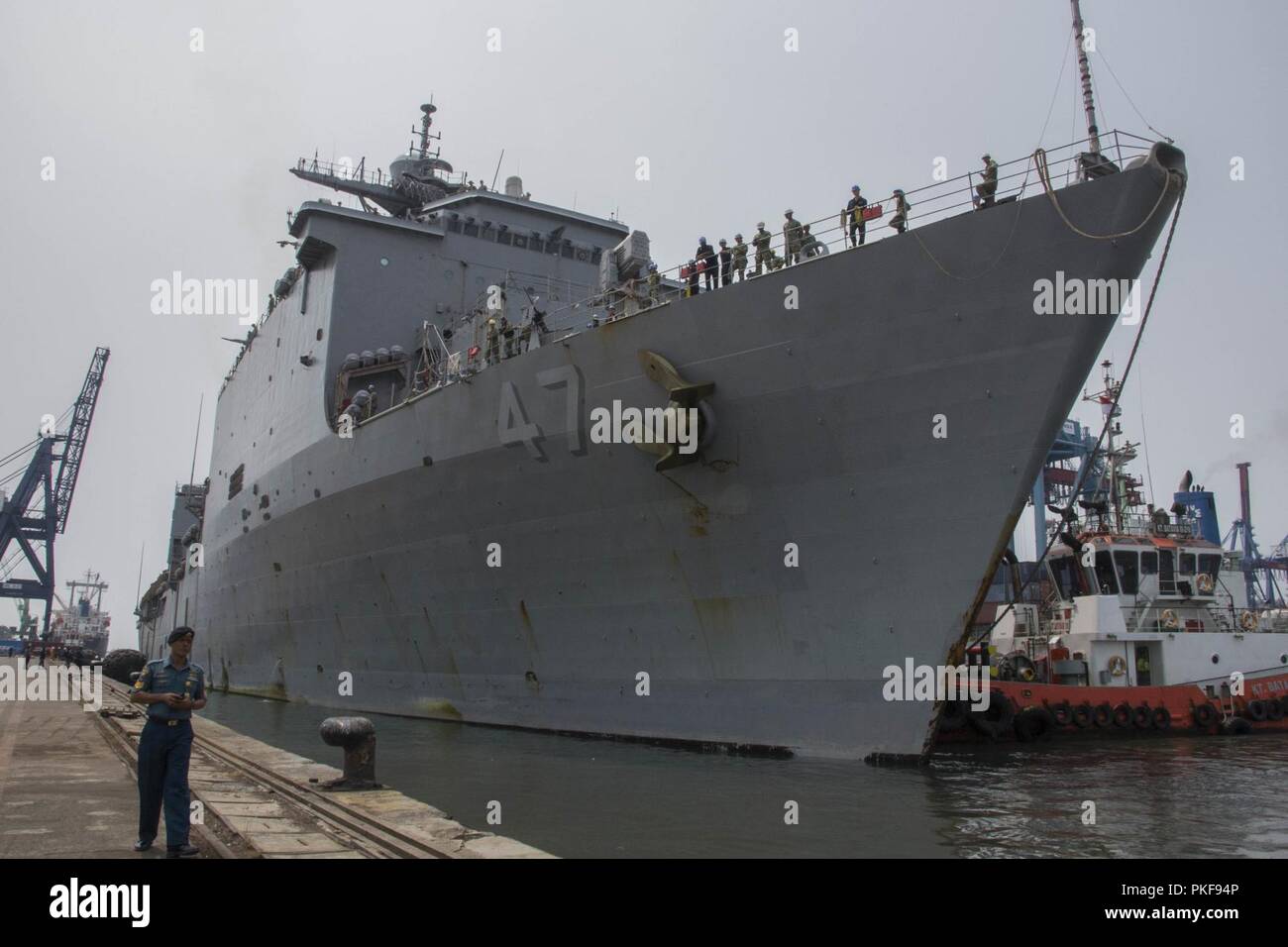 Indonesia (August 9th, 2018) - USS Rushmore (LSD 47) arrives in Jakarta in preperation for Cooperation Afloat Readiness and Training (CARAT) Indonesia 2018. CARAT Indonesia, in its 24th iteration, is designed to enhance information sharing and coordination, build mutual warfighting capability and support long-term regional cooperation enabling both partner armed forces to operate effectively together as a unified maritime force. Stock Photo