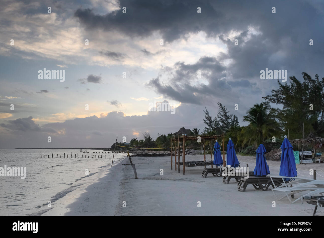 Palm trees and palapa on a Mexican beach Stock Photo