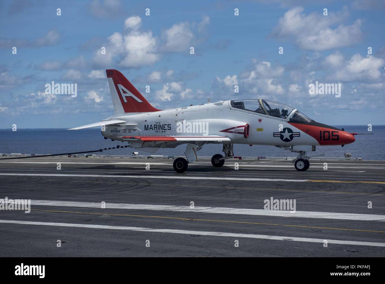 ATLANTIC OCEAN (Aug. 7, 2018) A T-45C Goshawk, attached to Training Air Wing 1, lands on the aircraft carrier USS George H.W. Bush (CVN 77). The ship is underway conducting routine training exercises to maintain carrier readiness. Stock Photo
