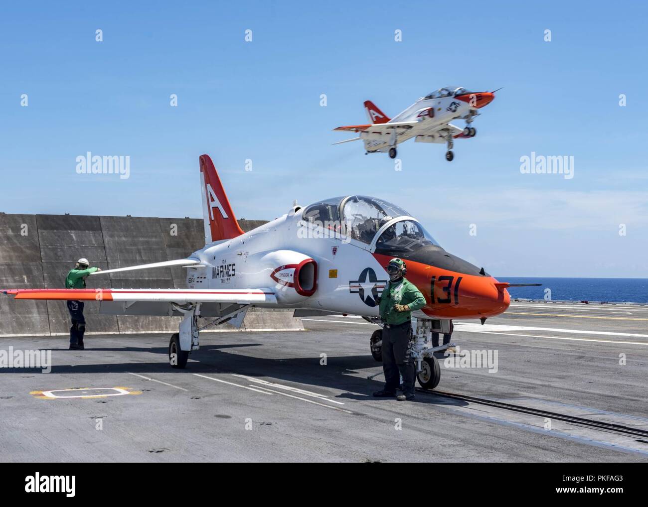 ATLANTIC OCEAN (Aug. 9, 2018) A T-45C Goshawk attached to Training Air Wing 1 prepares to launch from the aircraft carrier USS George H.W. Bush (CVN 77). The ship is underway conducting routine training exercises to maintain carrier readiness. Stock Photo