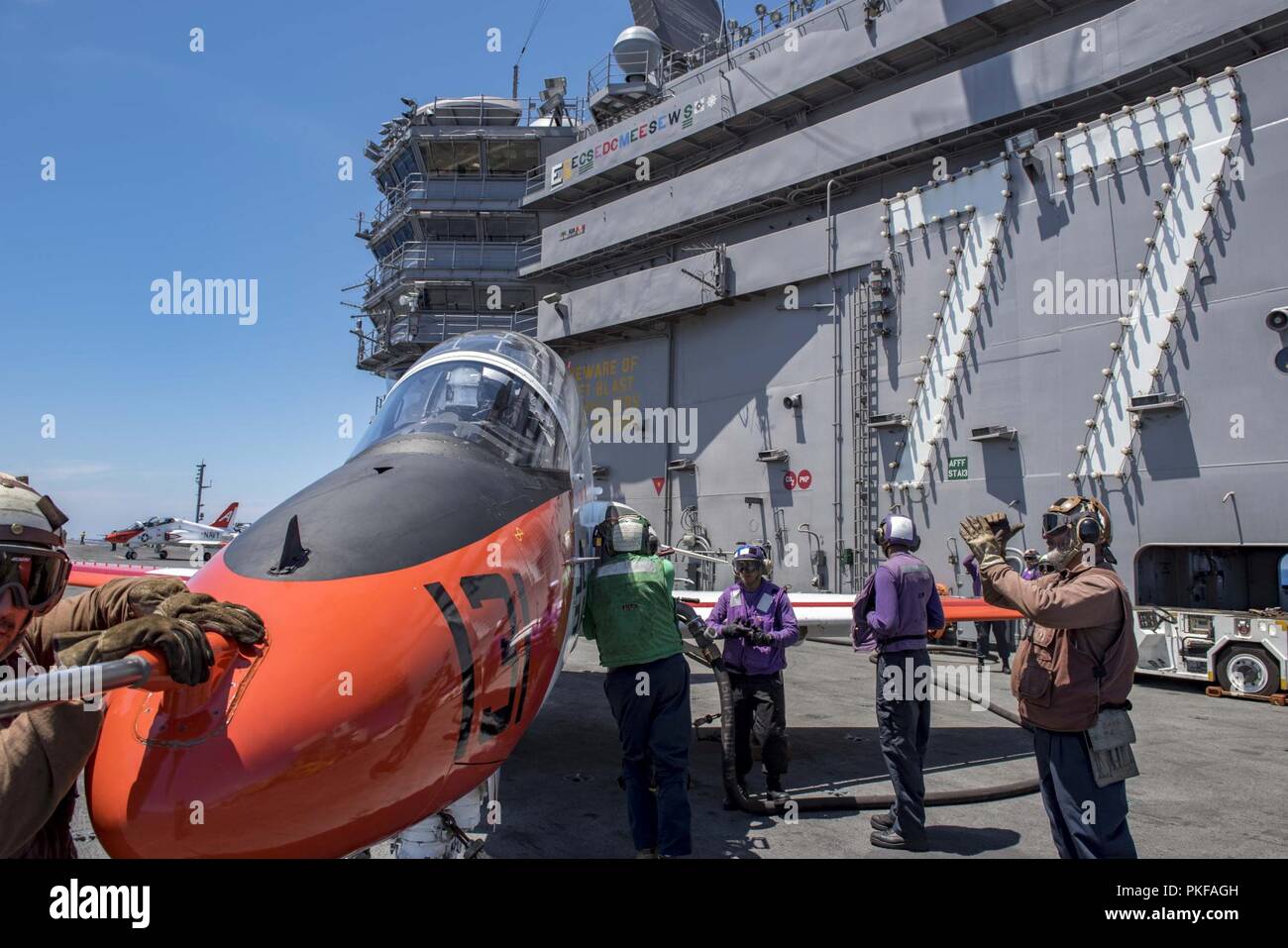 ATLANTIC OCEAN (Aug. 9, 2018) A T-45C Goshawk attached to Training Air Wing 1 refuels on the aircraft carrier USS George H.W. Bush (CVN 77). The ship is underway conducting routine training exercises to maintain carrier readiness. Stock Photo