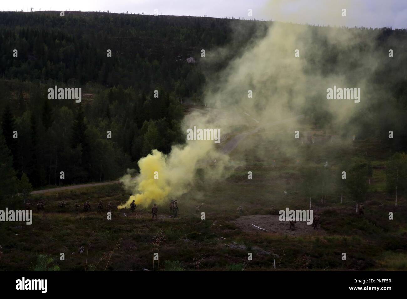 U.S. Marines with Marine Rotational Force-Europe 18.1 utilize a smoke grenade during a live-fire range at Giskas, Norway, Aug. 6, 2018. The range included both platoon-and squad-supported attacks across three ranges over the course of two days. The Marines utilized both Marine Air Ground Task Force (MAGTF) Common Handheld devices and Unmanned Aerial Systems to support the range. Stock Photo