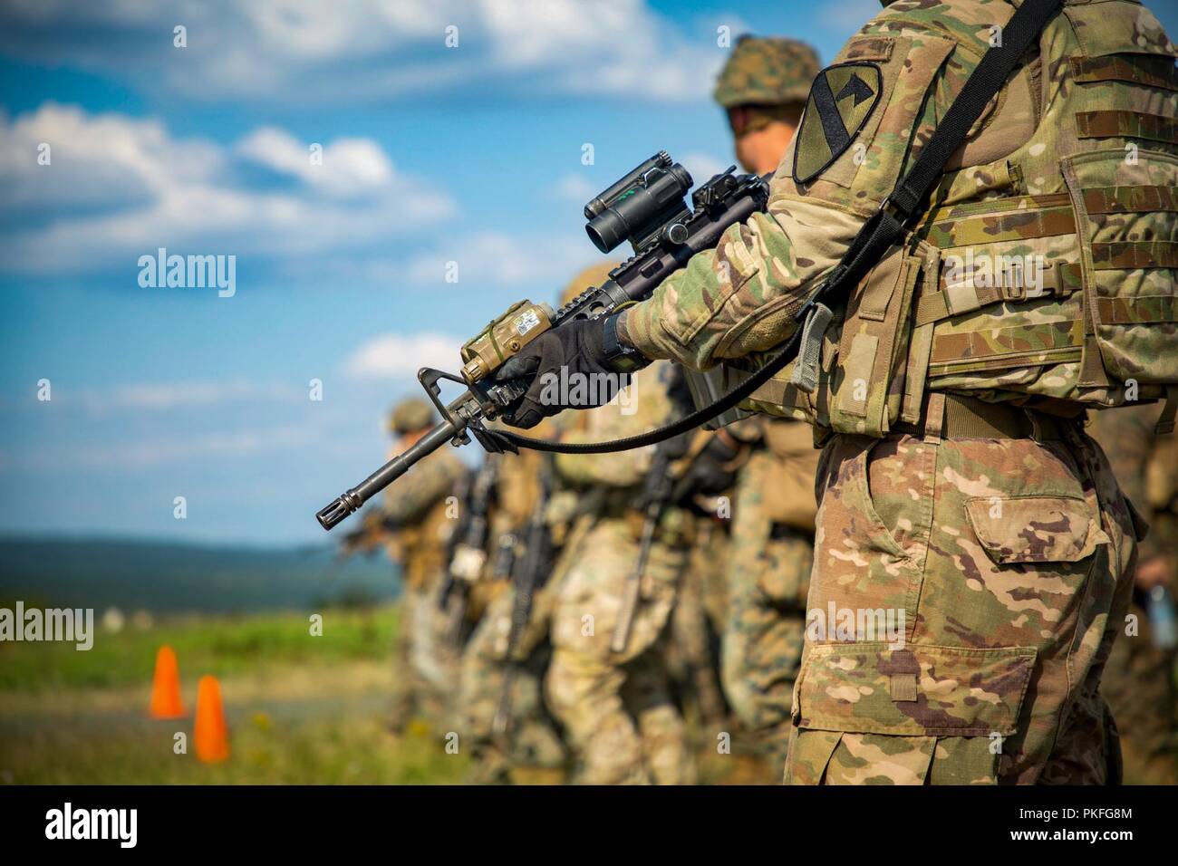 U.S. Marines with Black Sea Rotational Force 18.1 and U.S. Army soldiers execute an advanced portion of a Combat Marksmanship Program range during Exercise Platinum Lion 18 at Novo Selo Training Area, Bulgaria, Aug. 5, 2018. Platinum Lion is an annual field training exercise that reinforces relationships in a joint training environment, builds understanding of partner nation tactics, techniques and procedures, and increases interoperability with Allied and partner forces. Stock Photo