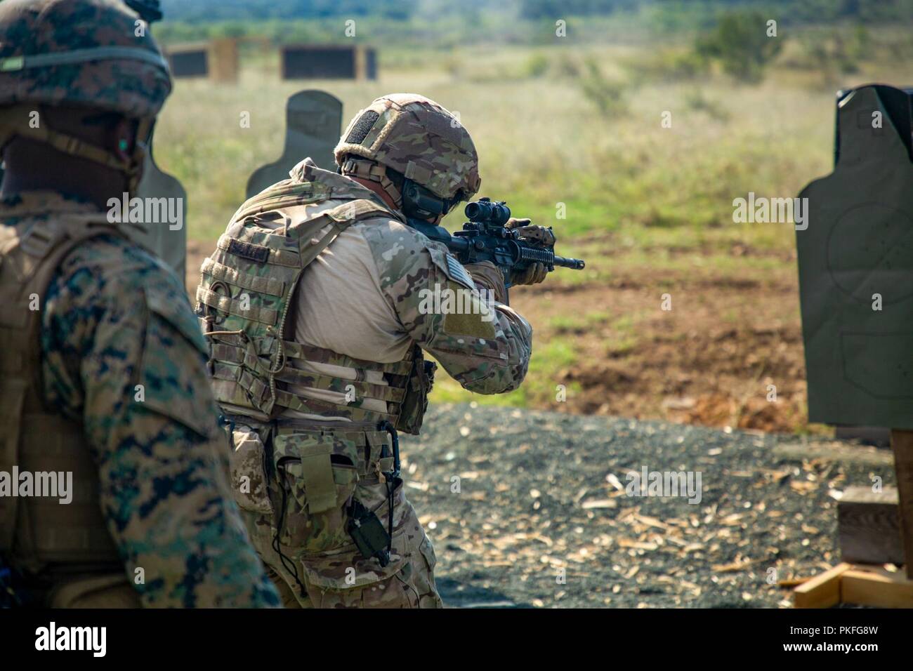 A U.S. Marine with Black Sea Rotational Force 18.1 supervises a U.S. Army soldier executing an advanced portion of a Combat Marksmanship Program range during Exercise Platinum Lion 18 at Novo Selo Training Area, Bulgaria, Aug. 5, 2018. Platinum Lion is an annual field training exercise that reinforces relationships in a joint training environment, builds understanding of partner nation tactics, techniques and procedures, and increases interoperability with Allied and partner forces. Stock Photo
