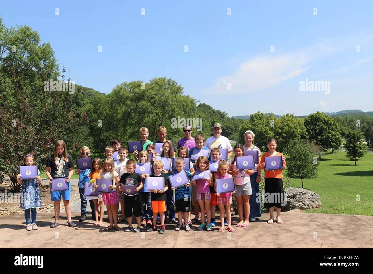 The Cordell Hull Lake Junior Ranger class of 2018 pose with their award certificates July 30, 2018 at Cordell Hull Lake in Carthage, Tenn. Stock Photo