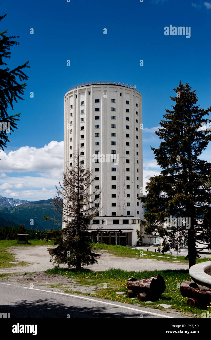 The Posssetto hotel tower in the alpine village Sestrière, built in 1921 as the first tour operator hotel (Italy, 21/06/2010) Stock Photo