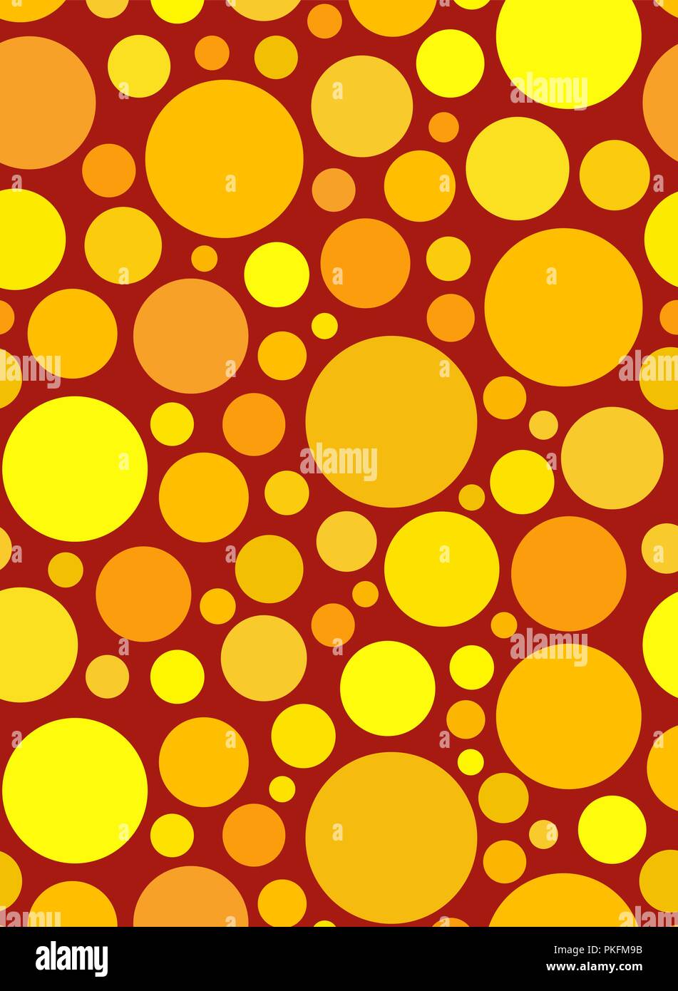 Sunny yellow circles on Burgundy background. Chaotic Seamless pattern round. colorful graphic dots or drops.  Stock Vector