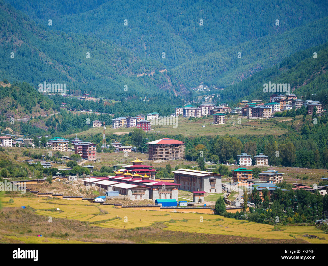 Ecologically,balanced,Thimpu city,preserving,paddy cultivation,within city,with modern,city planning,Office premises. Stock Photo