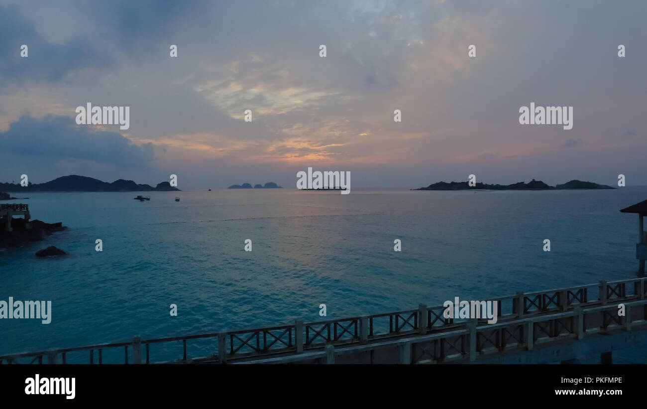 Aerial drone view of the sunrise in Redang Island, Terengganu, Malaysia. Stock Photo