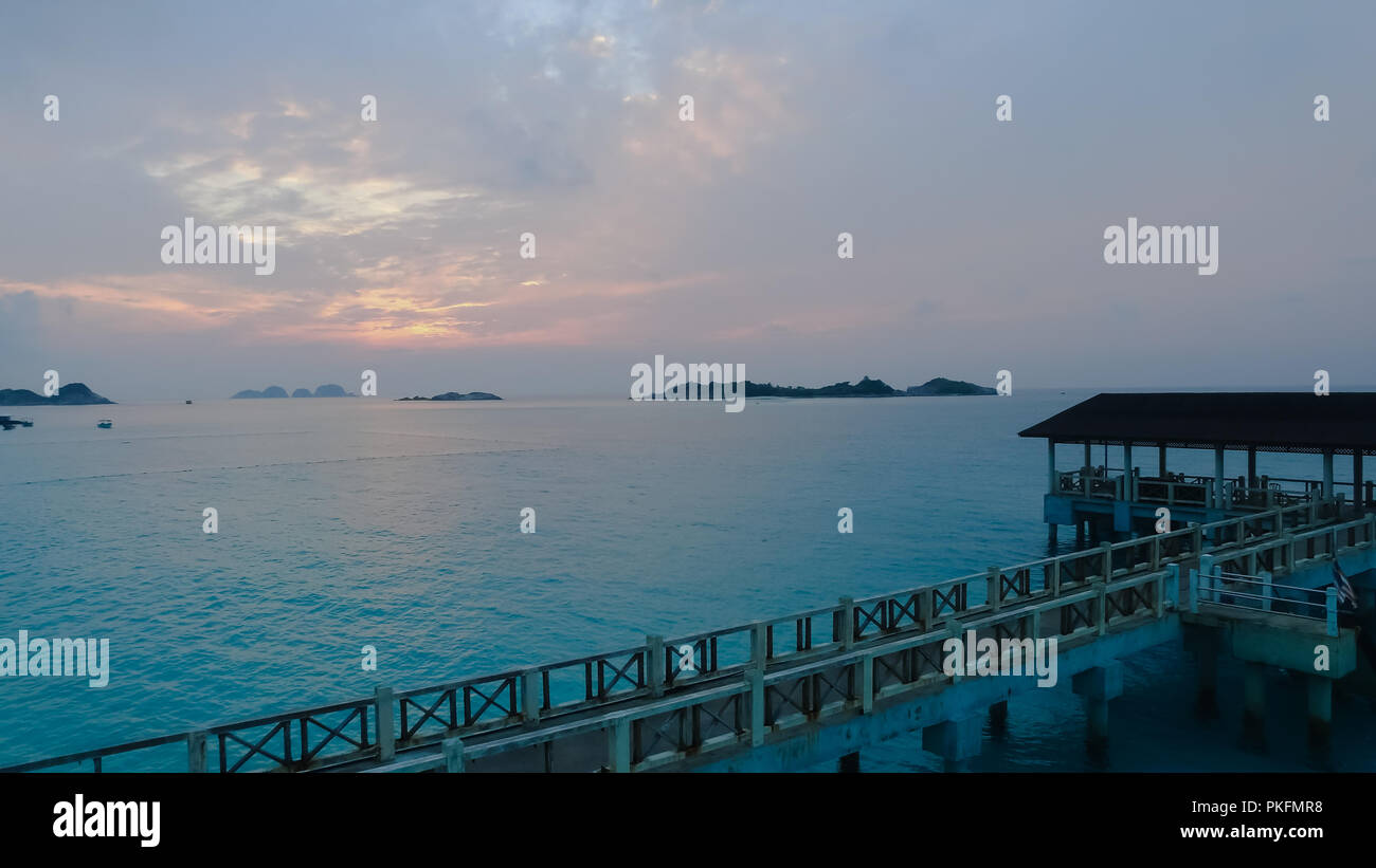 Aerial drone view of the sunrise in Redang Island, Terengganu, Malaysia. Stock Photo
