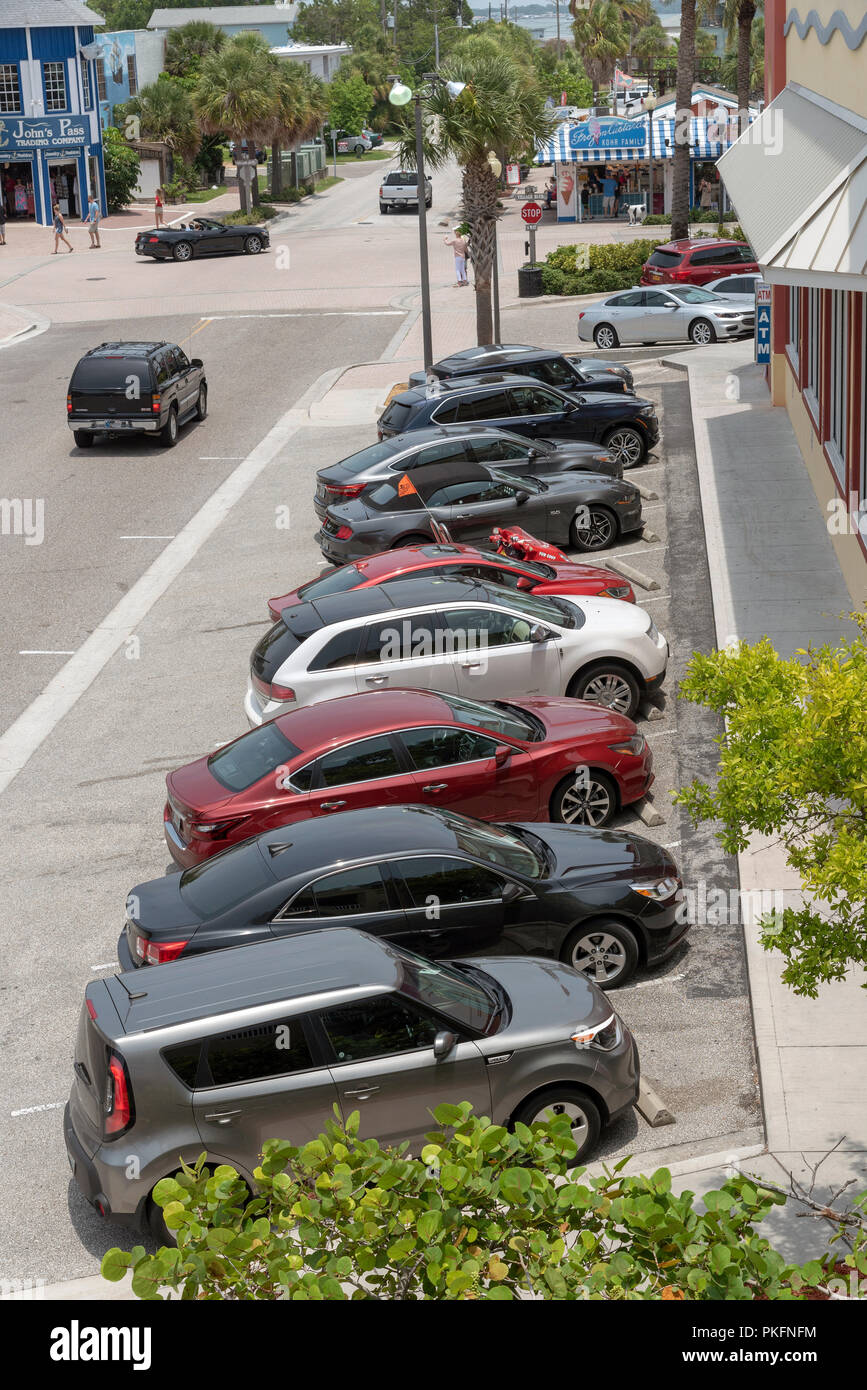 Parking lot for cars at John's Pass Village, Florida, USA Stock Photo
