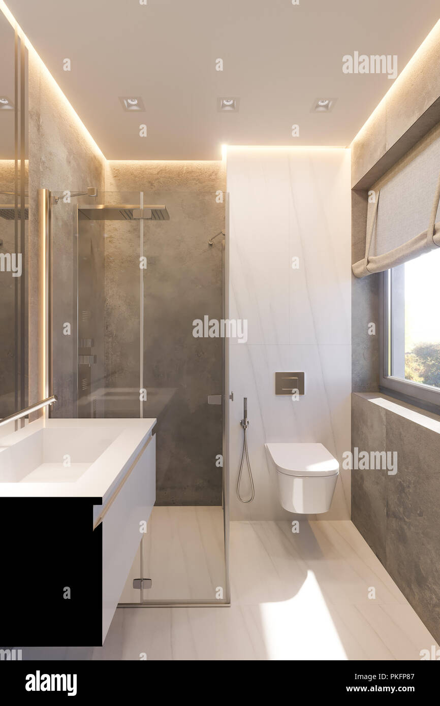 3d render interior design of the bathroom with glass walk in shower. Illustration of the interior in a modern style in gray tones. Natural stone, marb Stock Photo