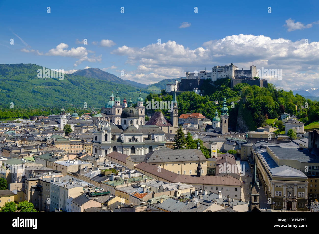 Old town with collegiate church, cathedral and fortress Hohensalzburg, from Mönchsberg, Salzburg, Salzburger Land, Austria Stock Photo
