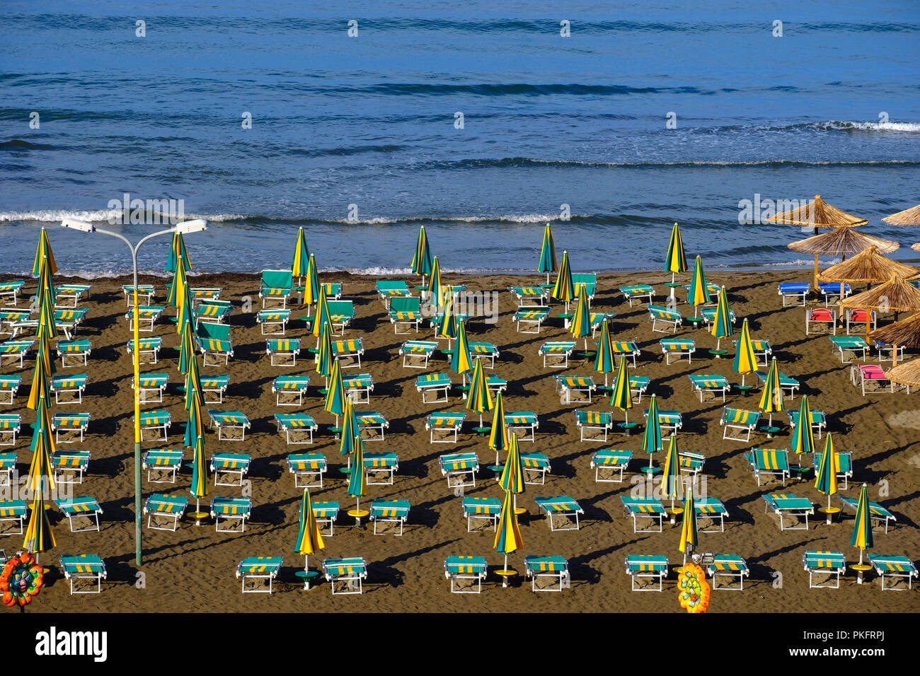 Deck chairs on the beach, Shëngjin, Adriatic Sea, Qar Lezha, Albania Stock Photo