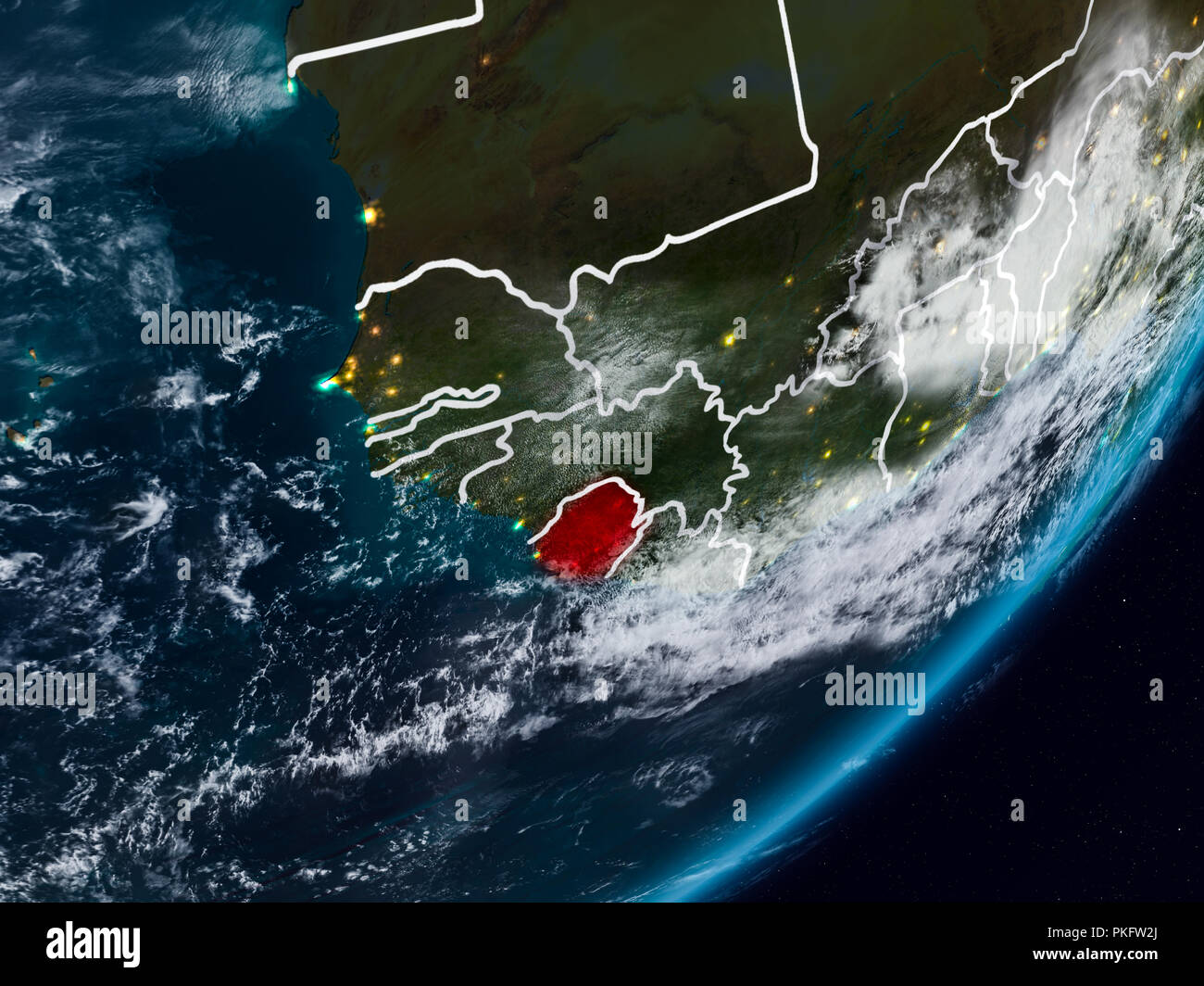Sierra Leone from space on planet Earth at night with visible country ...