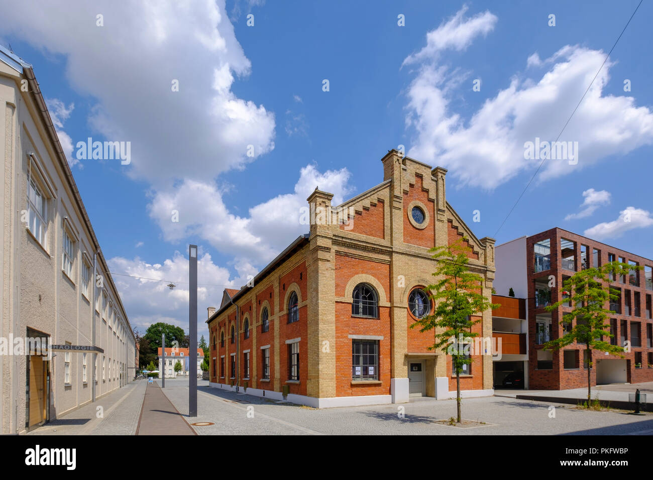 Former boiler house at the worsted spinning mill, textile quarter, Augsburg, Swabia, Bavaria, Germany Stock Photo