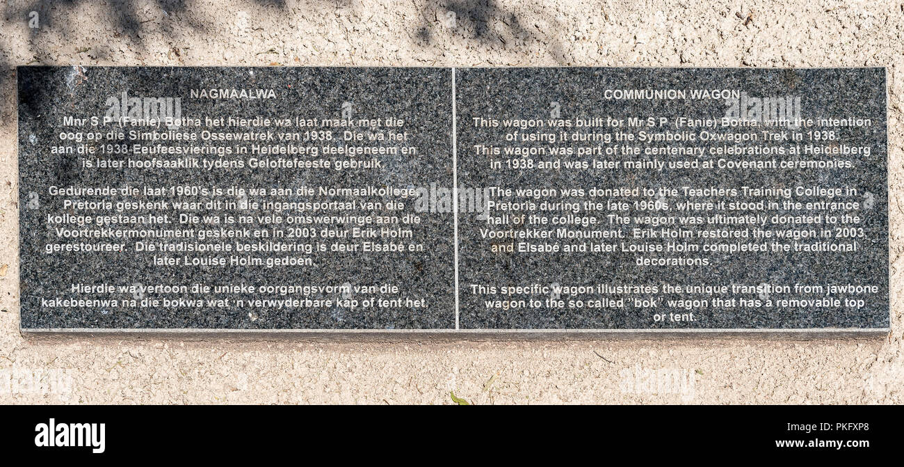 PRETORIA, SOUTH AFRICA, JULY 31, 2018: A granite information plaque, at the communion wagon displayed at the Voortrekker Monument in Pretoria Stock Photo