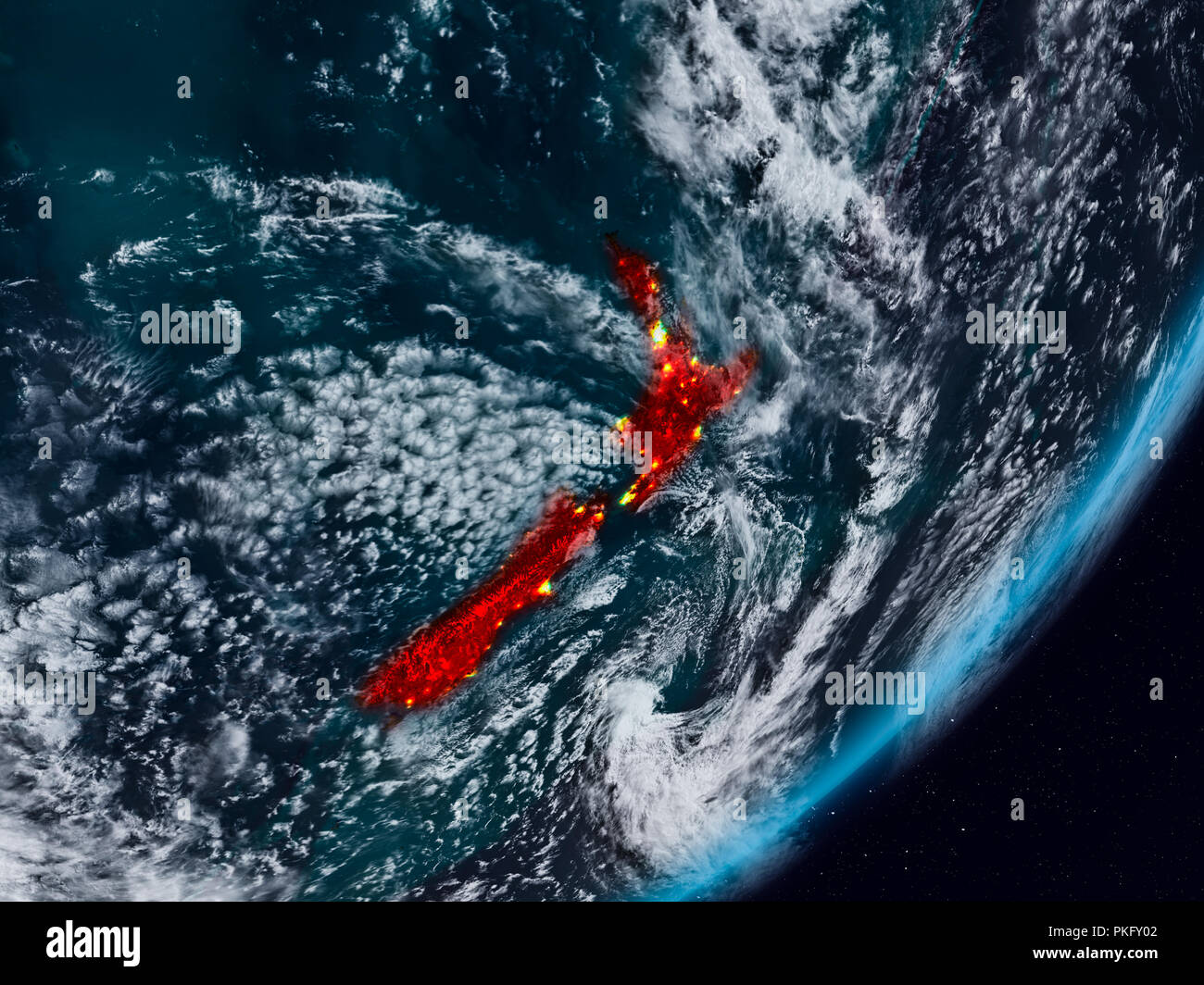 New Zealand from space on Earth at night with visible country
