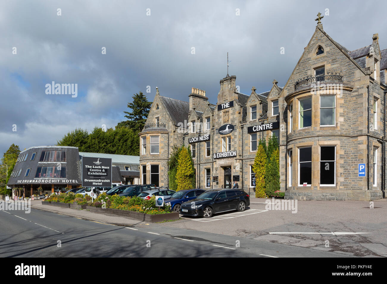 The Loch Ness Exhibition Centre and the Drumnadrochit Hotel on the A82 at Drumnadrochit, Highland Region, Scotland, UK Stock Photo