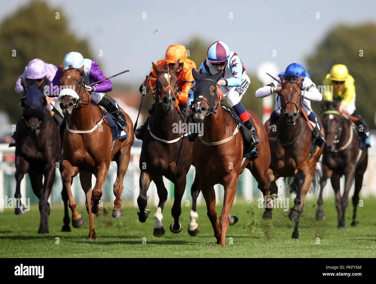 Stay Classy ridden by David Egan (centre right) wins the British Stallion Studs EBF ÔCarrie Red' Fillies' Nursery during day two of the 2018 William Hill St Leger Festival at Doncaster Racecourse, Doncaster. Stock Photo