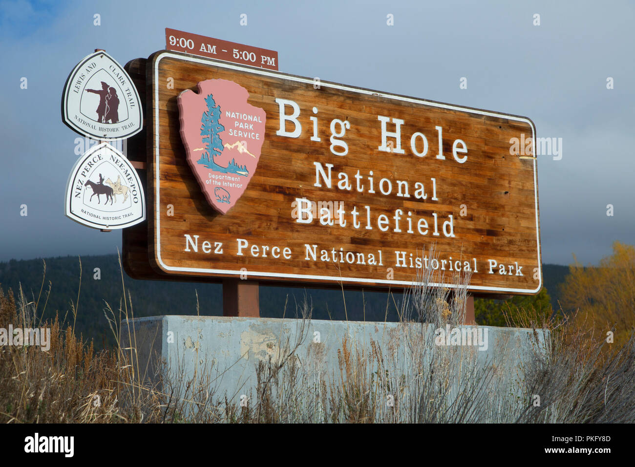 Entrance sign, Big Hole National Battlefield, Montana Stock Photo