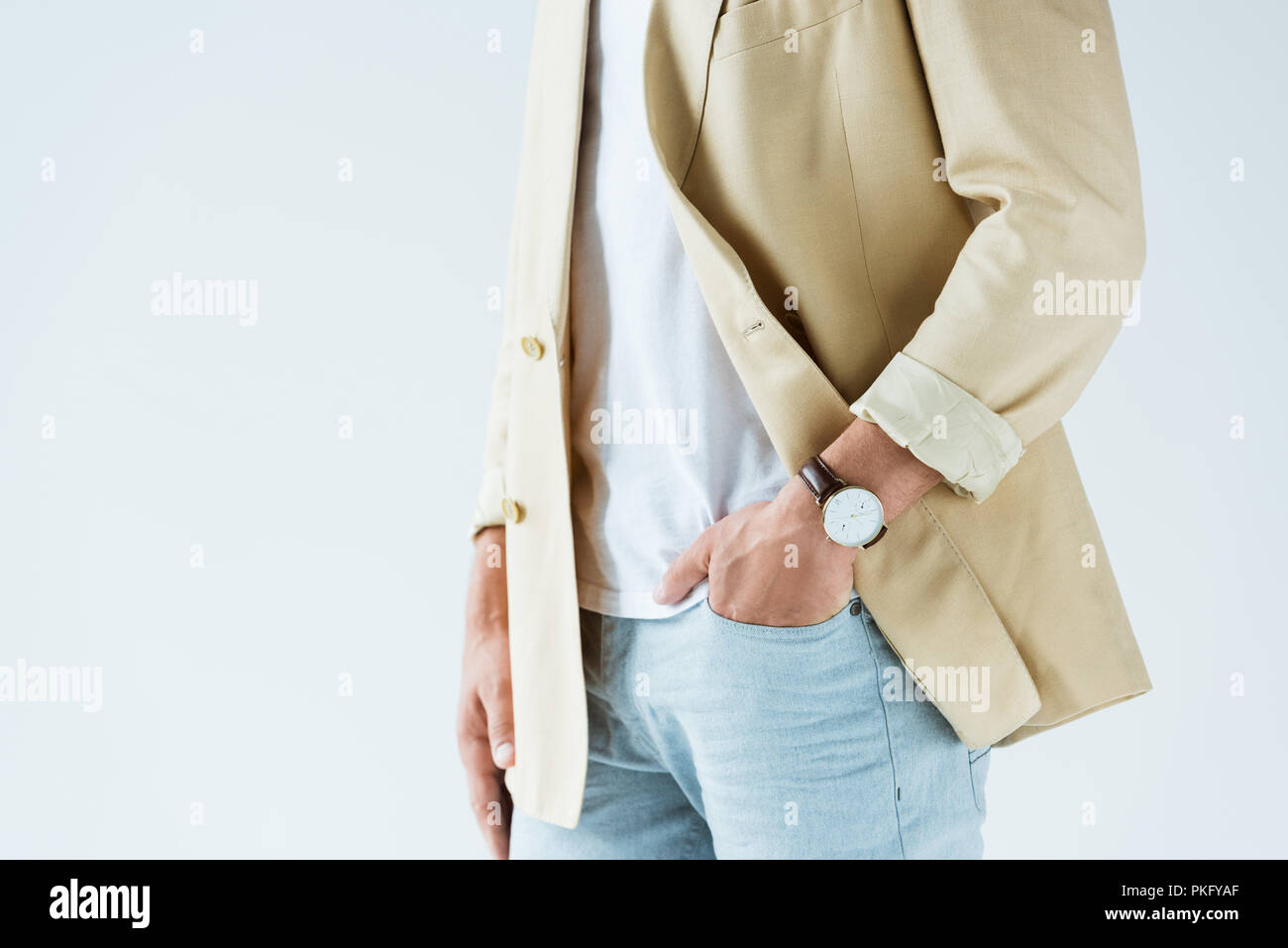 Cropped view of stylish man wearing jacket and watch isolated on white background Stock Photo