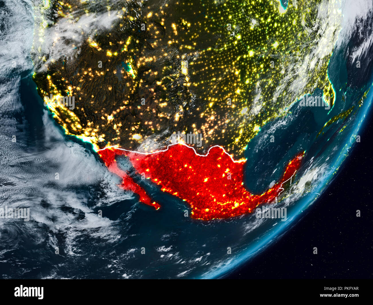 Mexico from space on planet Earth at night with visible country borders ...
