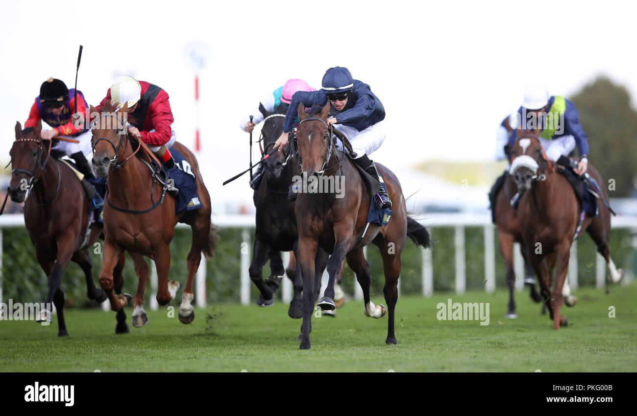 Fleeting ridden by Donnacha O'Brien (centre) wins the William Hill May Hill Stakes during day two of the 2018 William Hill St Leger Festival at Doncaster Racecourse, Doncaster. Stock Photo