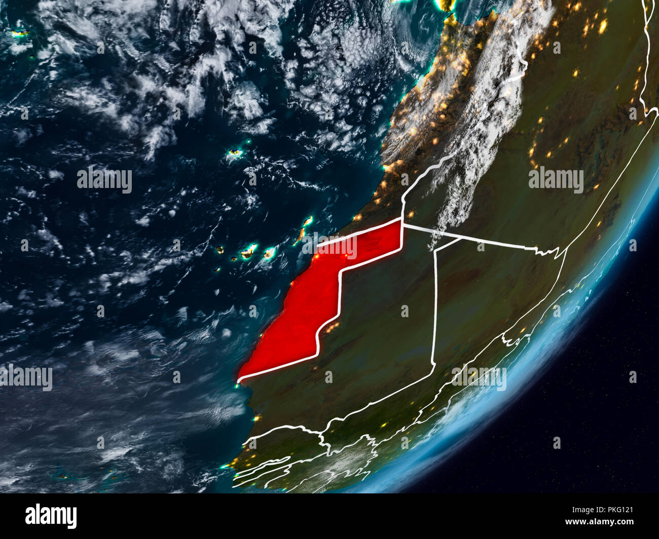 Western Sahara from space on planet Earth at night with visible country ...