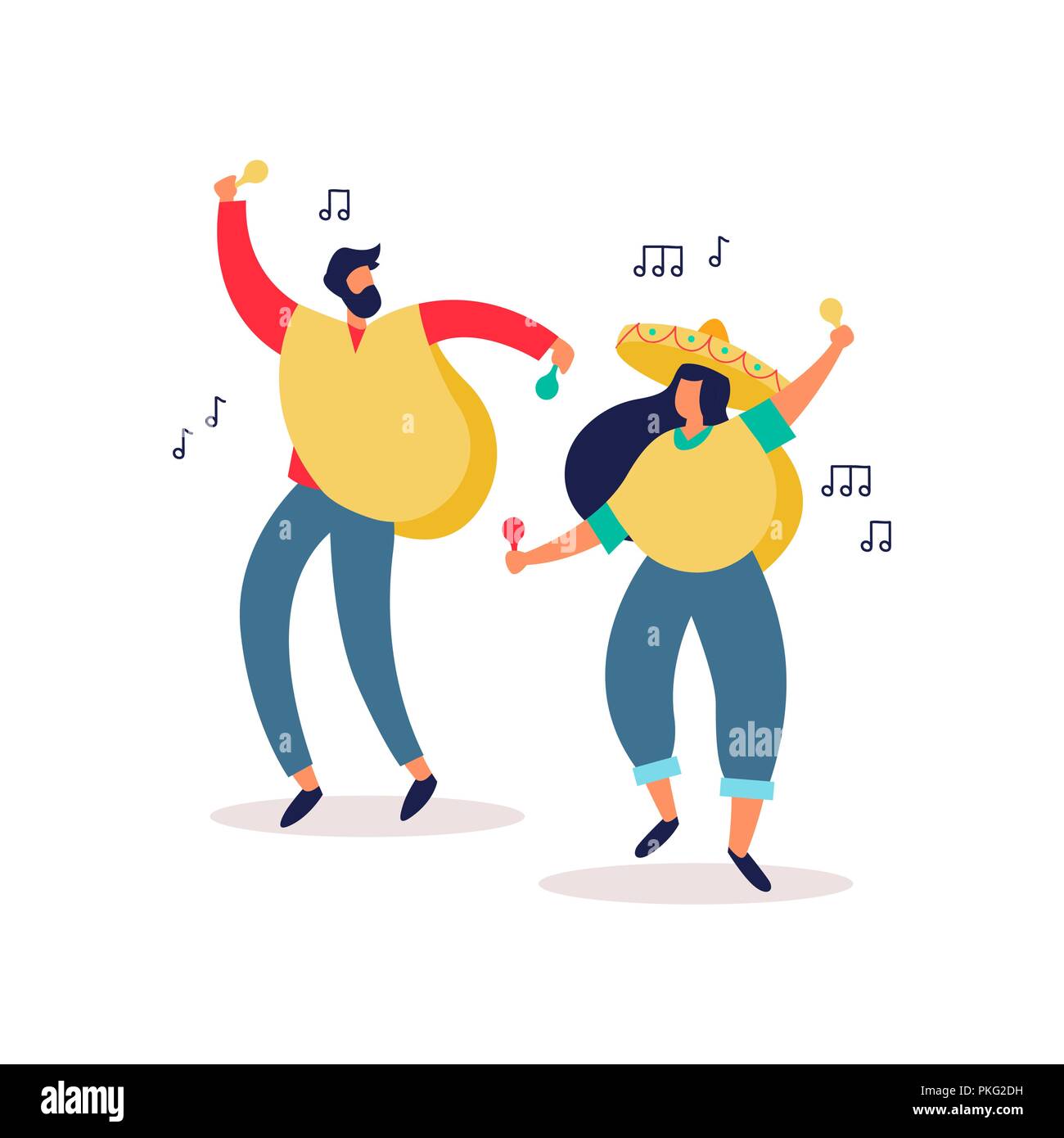 Mexican friends dancing together with traditional mexico culture clothes, maracas, mariachi hat and poncho. Isolated illustration for holiday or natio Stock Vector