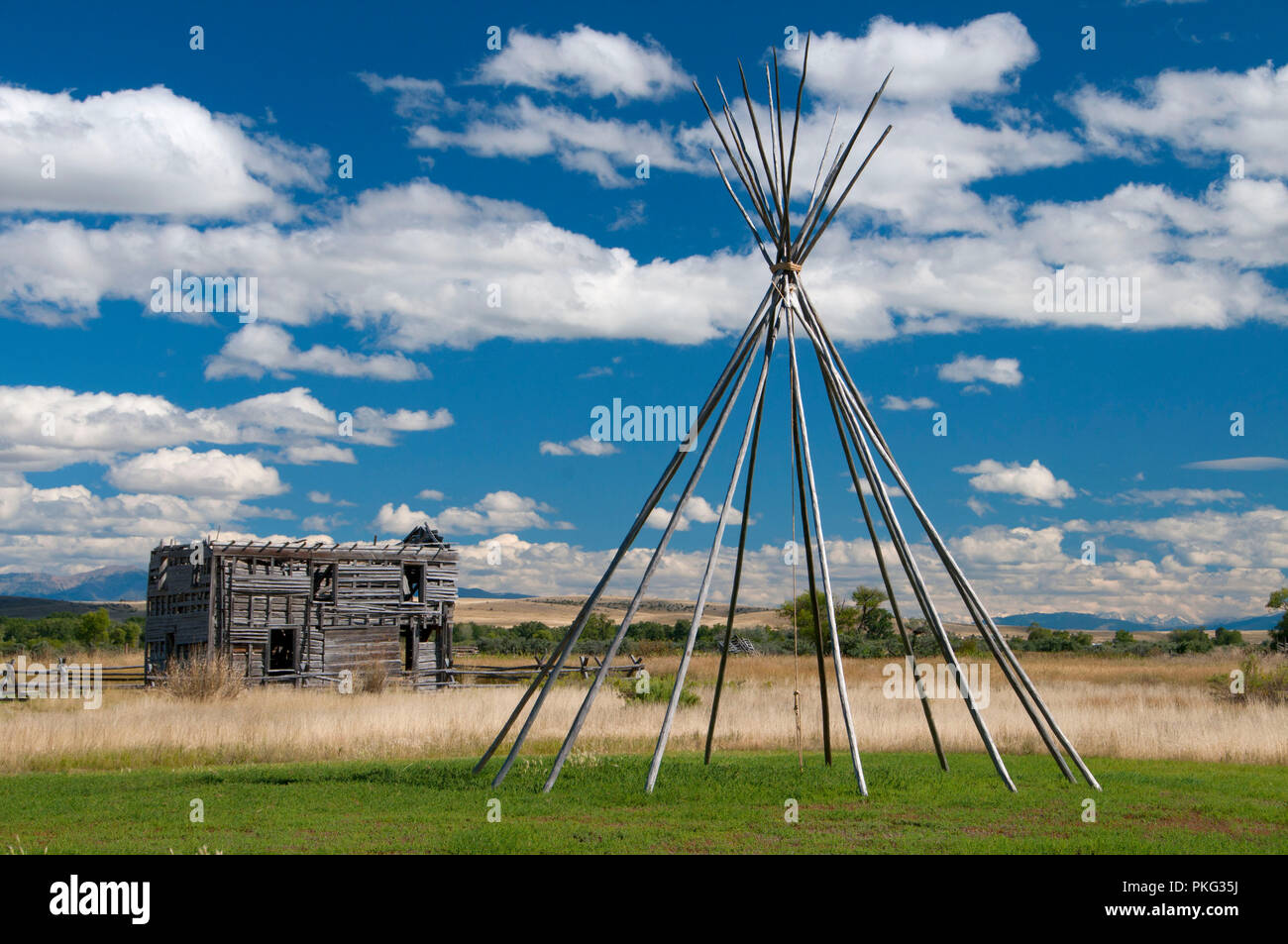 Gallatin City Hotel (1868) with Teepee poles, Missouri Headwaters State