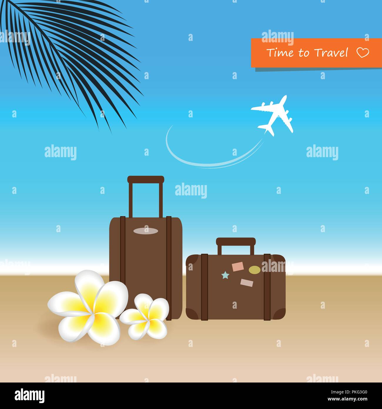 Travel suitcase on the beach with frangipani flowers holiday time vector illustration EPS10 Stock Vector