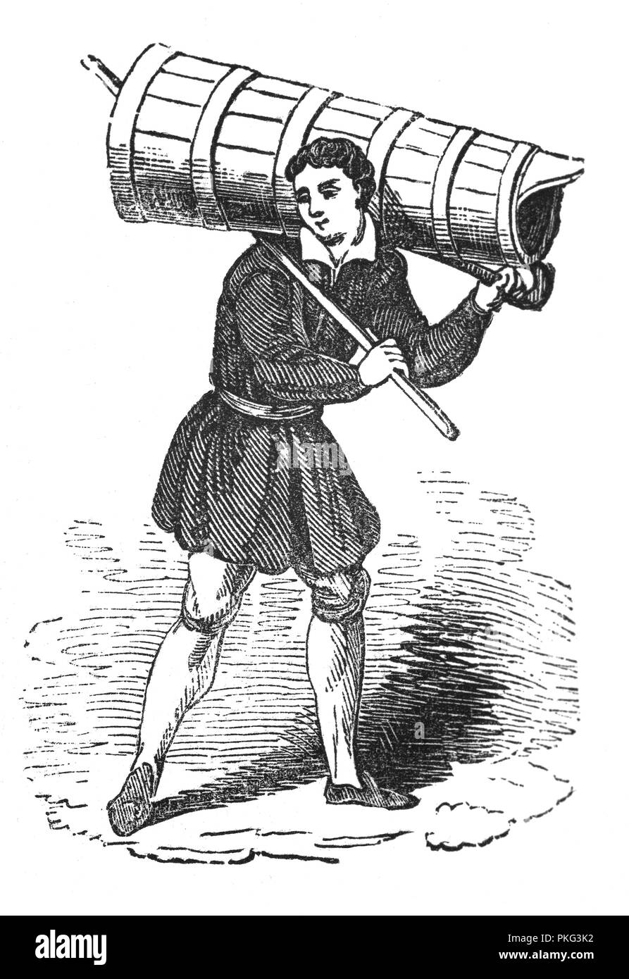 Portrait of a Water Carrier. Water was provided to individual households by carriers, commonly called 'cobs,' whose business it was to deliver water from the river or conduits to customers. Some water carriers went about the streets carrying a large tankard on their shoulders, others would carry two 3-gallon wooden tubs hanging from a shoulder-yoke. London's water carriers were organized into a guild or union. About the year 1600, a petition was presented to the House of Commons by the water-tankard bearers of London in which it is stated that they and their families numbered 4,000 Stock Photo