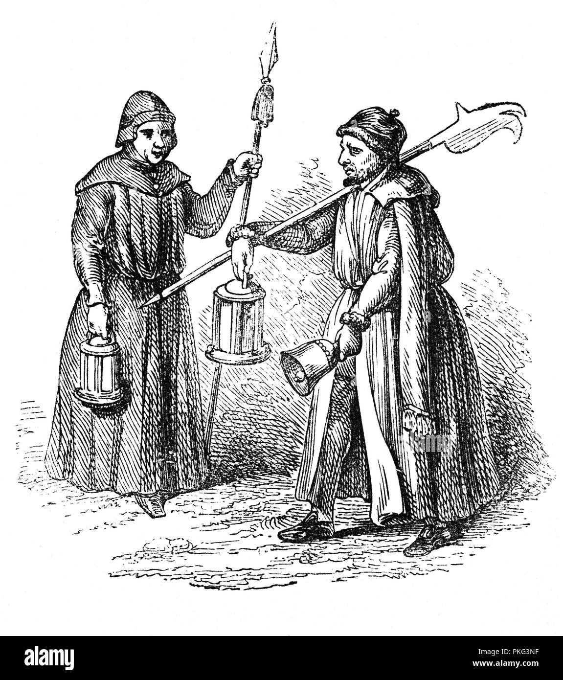 Watchmen were organized groups of men, usually authorized by a state, government, city, or society, to deter criminal activity and provide law enforcement as well as traditionally perform the services of public safety, fire watch, crime prevention, crime detection, recovery of stolen goods. The streets in London were dark and had a shortage of artificial light that brought a heightened threat of danger. So from  1485 to the 1820s, in the absence of a police force, it was the parish-based watchmen who were responsible for keeping order in London's streets. Stock Photo