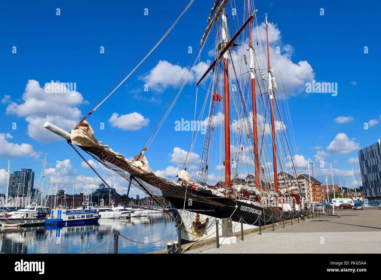 Ipswich, Suffolk. 13th Sep 2018. UK Weather: Bright warm sunny morning at the Waterfront for the restored 100 year old Dutch schooner the Oosterschelde. Stock Photo