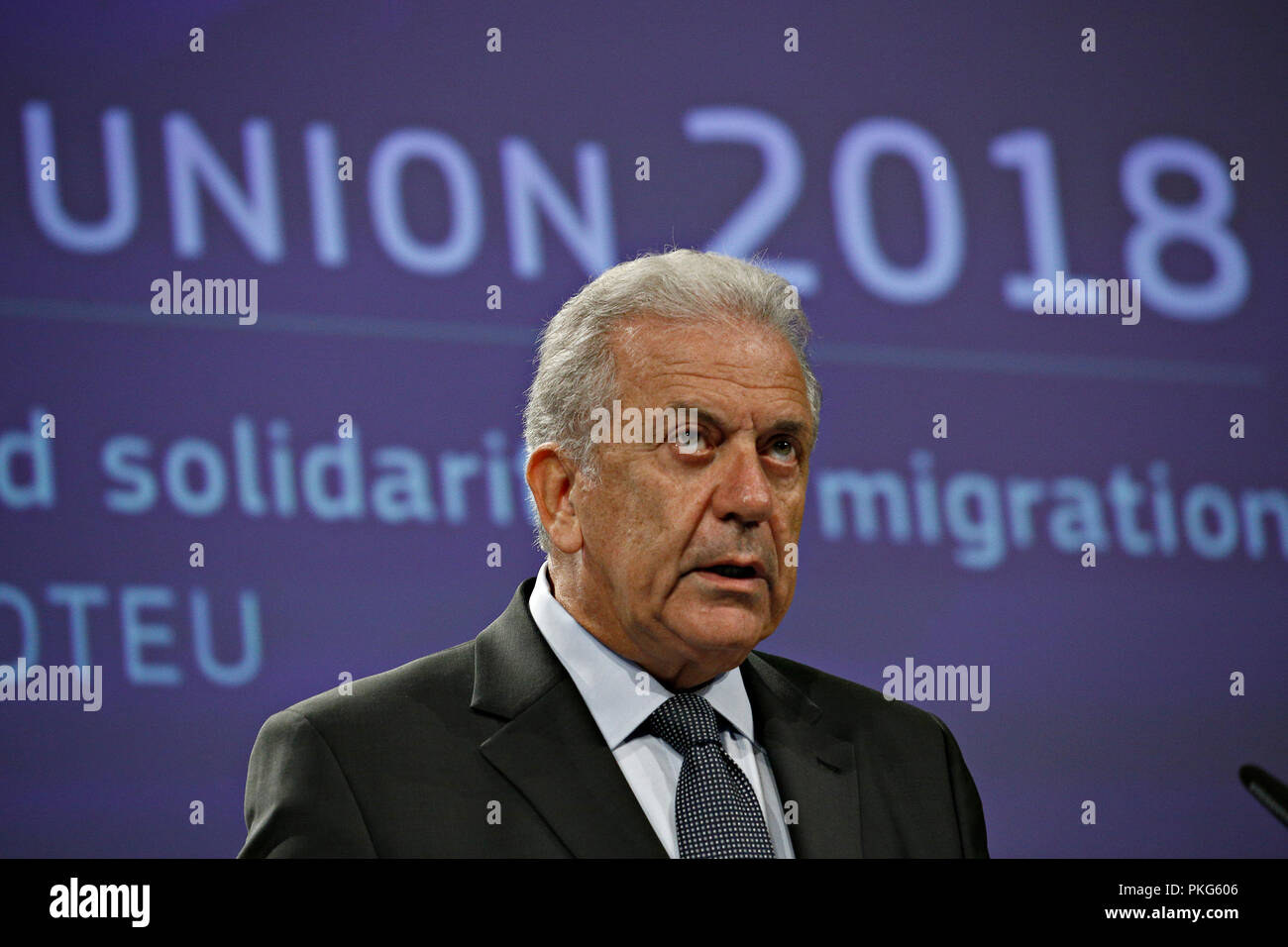 Brussels, Belgium. 13th Sept. 2018.EU Commissioner for Migration Dimitris Avramopoulos gives a press conference on new measures for stronger EU borders and solidarity on migration. Alexandros Michailidis/Alamy Live News Stock Photo