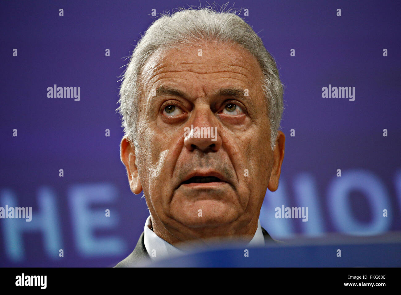 Brussels, Belgium. 13th Sept. 2018.EU Commissioner for Migration Dimitris Avramopoulos gives a press conference on new measures for stronger EU borders and solidarity on migration. Alexandros Michailidis/Alamy Live News Stock Photo