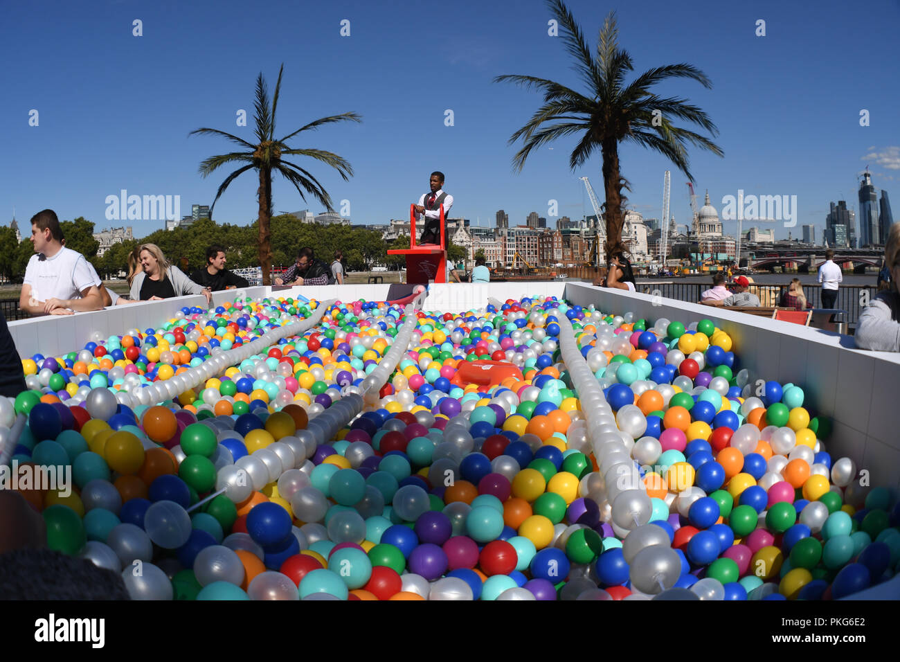 London, UK. 13th September 2018. ‘Say Balls to Boring’ ball pool in association with Virgin Holidays will be at Observation Point on the Southbank between 11am to 7pm on Thur Sep 13 and 9am to 6pm on Fri Sep 14. Credit: Picture Capital/Alamy Live News Stock Photo