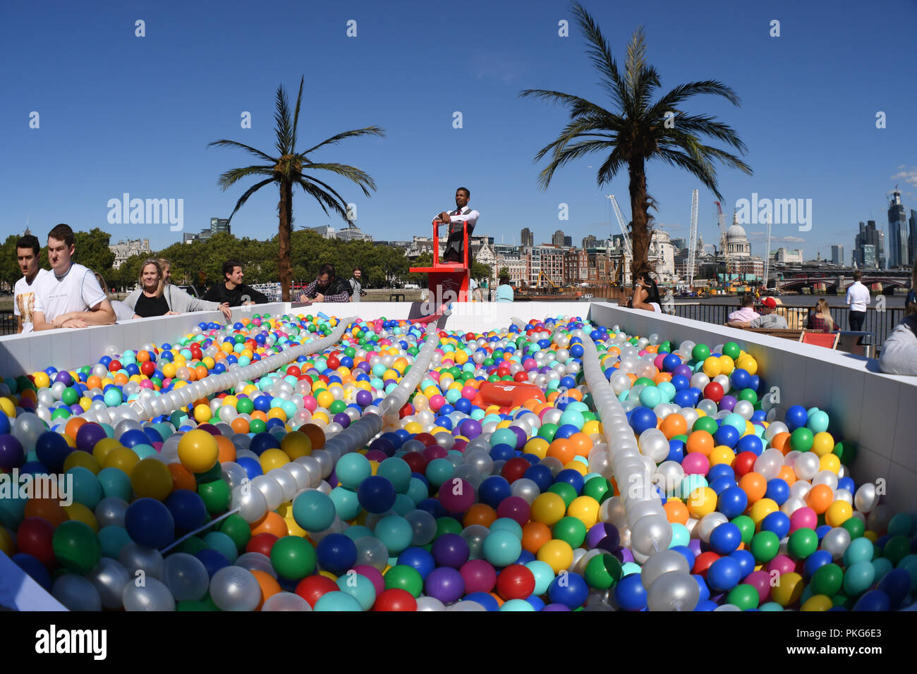 London, UK. 13th September 2018. ‘Say Balls to Boring’ ball pool in association with Virgin Holidays will be at Observation Point on the Southbank between 11am to 7pm on Thur Sep 13 and 9am to 6pm on Fri Sep 14. Credit: Picture Capital/Alamy Live News Stock Photo
