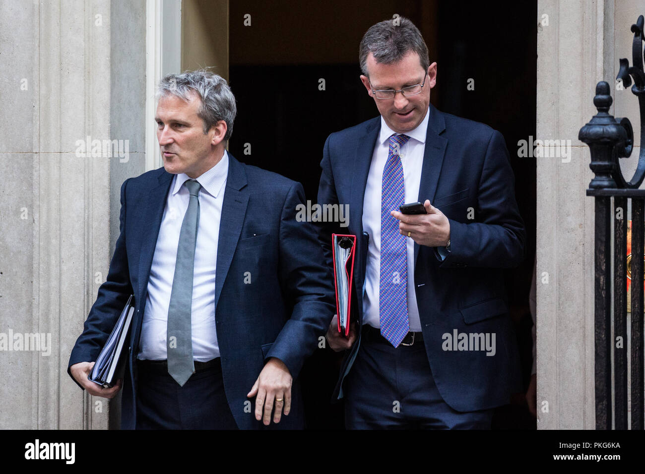 London, UK. 13th September, 2018. Damian Hinds MP, Secretary of State for Education, and Jeremy Wright MP, Secretary of State for Digital, Culture, Media and Sport leave 10 Downing Street following a Cabinet meeting to discuss the government’s preparations for No Deal. Credit: Mark Kerrison/Alamy Live News Stock Photo