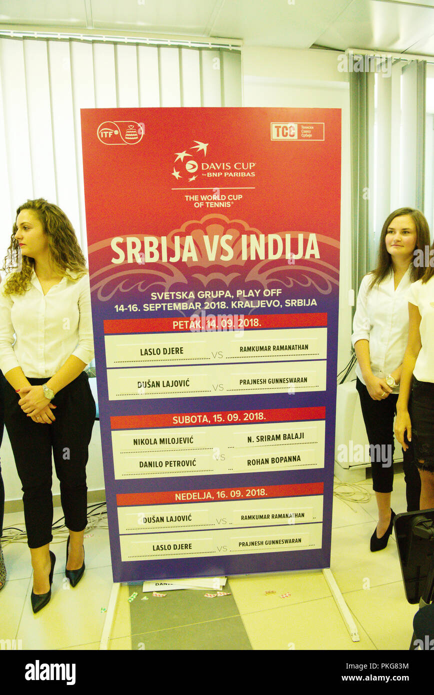 Kraljevo, Serbia. 13th September 2018. The results of the draw are displayed during previews for the Davis Cup 2018 Tennis World Group Play-off Round at the Sportski Center Ibar in Kraljevo, Serbia. Credit: Karunesh Johri/Alamy Live News. Stock Photo