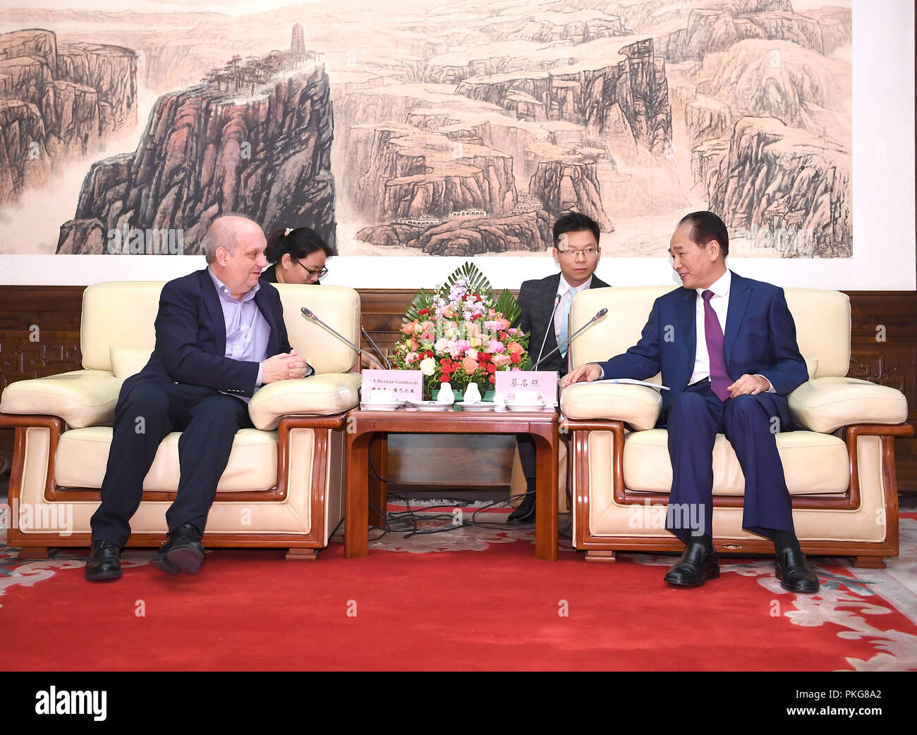 (180913) -- BEIJING, Sept. 13, 2018 (Xinhua) -- Cai Mingzhao (R, front), president of Xinhua News Agency, meets with Hernan Lombardi (L, front), minister of the Federal System of Media and Public Content of Argentina, in Beijing, capital of China, Sept. 13, 2018. Active interactions between Chinese and Argentine leaders in recent years have pointed out the direction of the two countries' comprehensive strategic partnership, Cai said. Saying the media should play its role as a bridge linking the people of China and Argentina, Cai stressed Xinhua will help deepen the two countries' frien Stock Photo