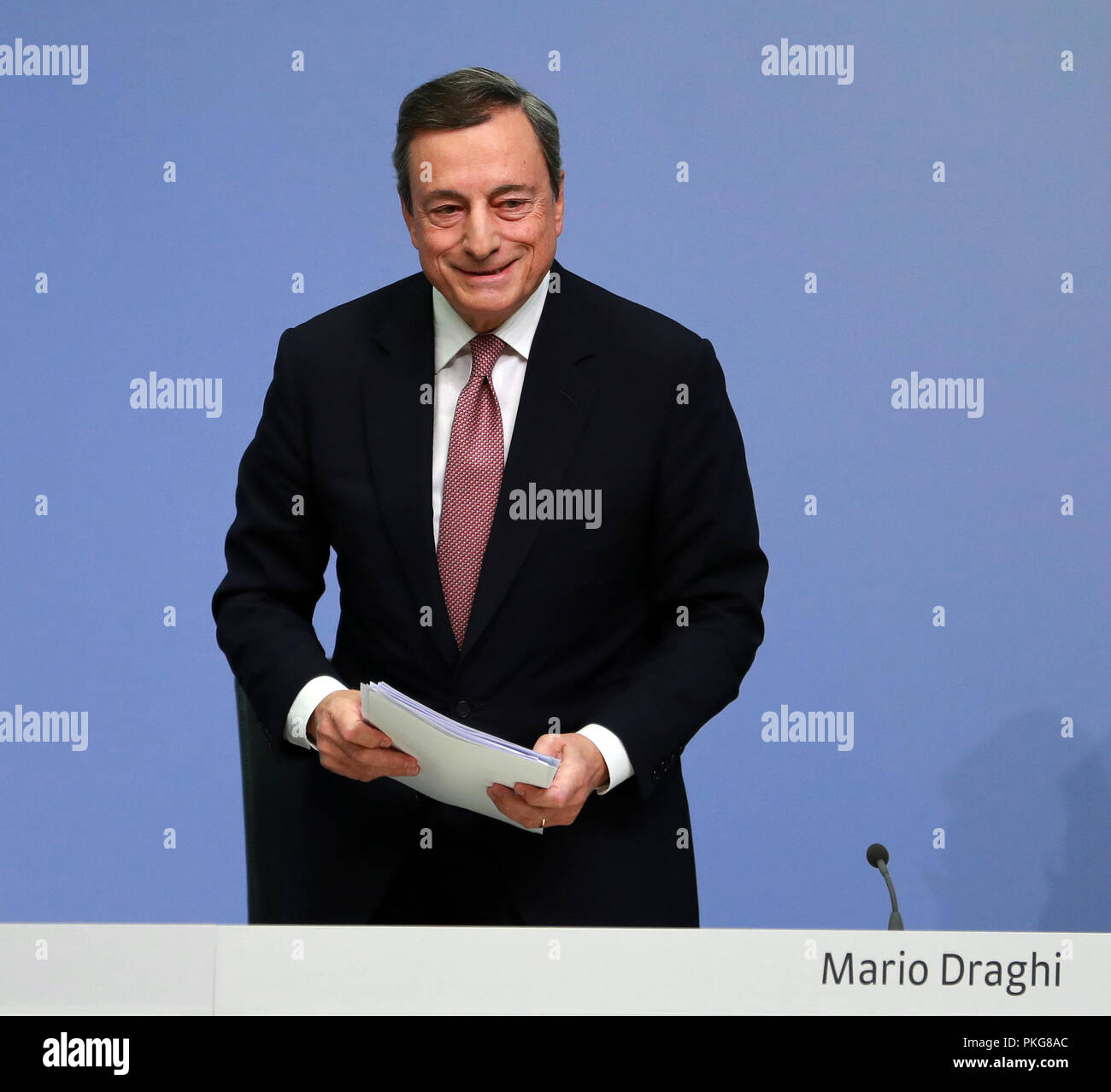 Frankfurt, Germany. 13th Sep, 2018. The European Central Bank (ECB) President Mario Draghi attends a press conference at the ECB headquarters in Frankfurt, Germany, on Sept. 13, 2018. The ECB on Thursday decided to maintain the key interest rates for the euro area unchanged. Credit: Luo Huanhuan/Xinhua/Alamy Live News Stock Photo