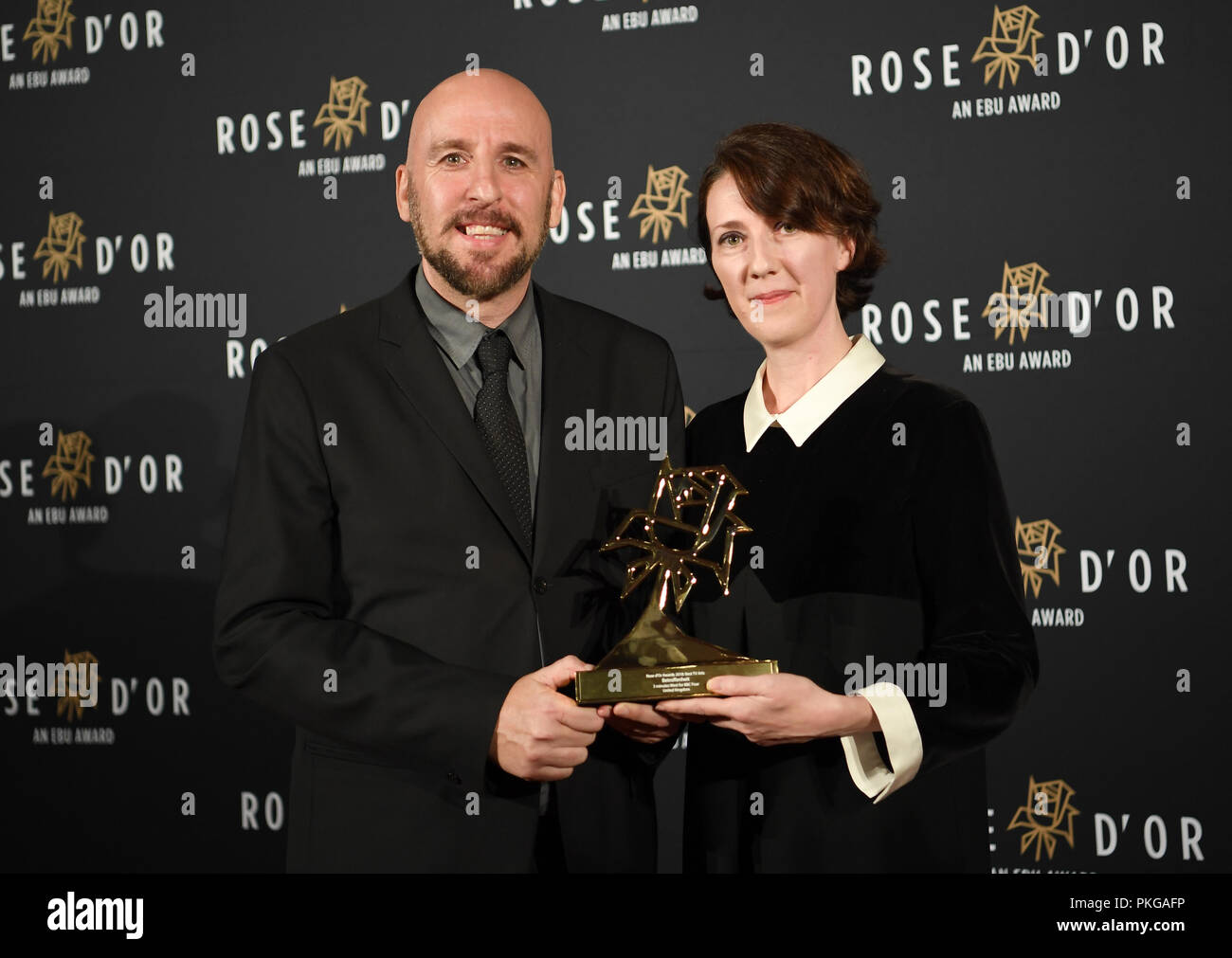 13 September 2018, Berlin: 13 September 2018, Germany, Berlin: Jeff Tudor,  producer, and Adrienne Liron, producer, are delighted to be awarded the Rose  d'Or/Goldene Rose Television Prize in the "Arts" category at